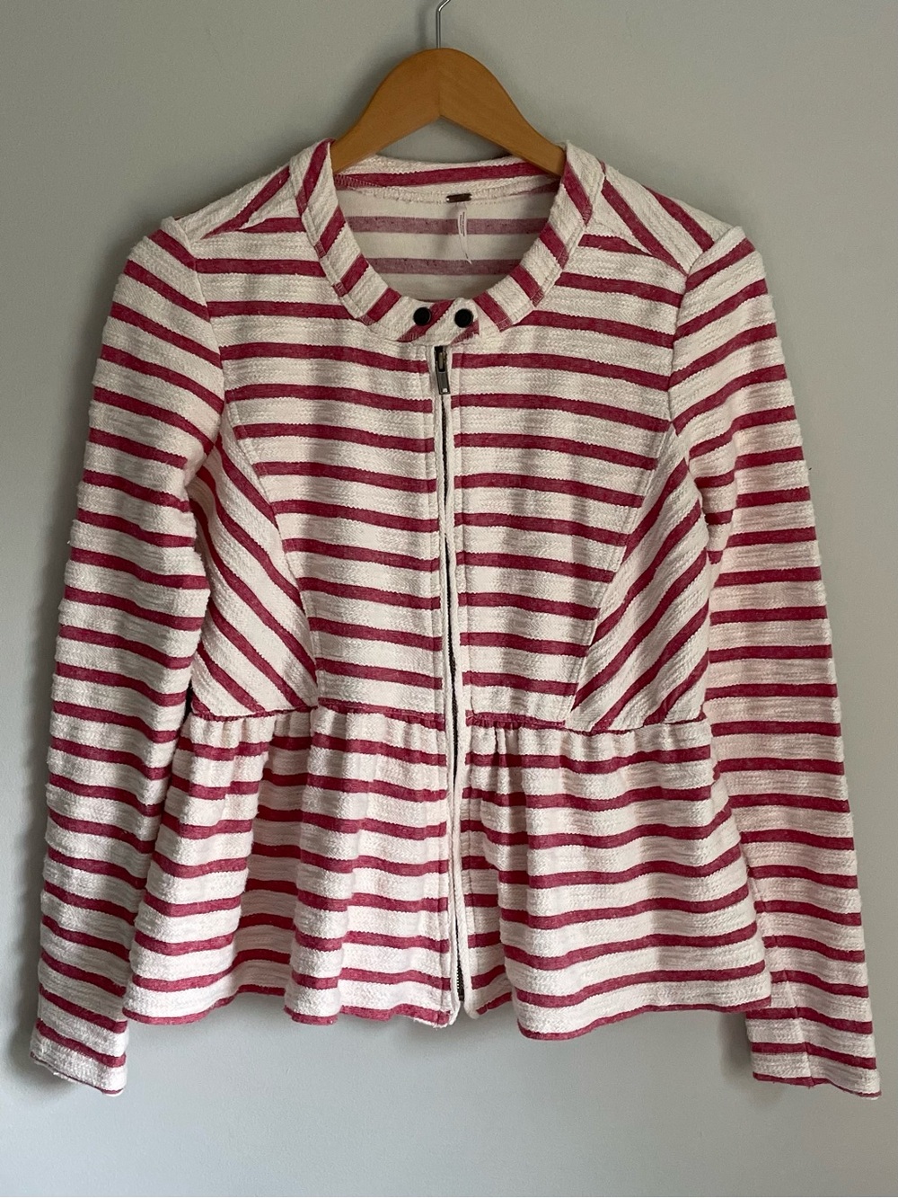 Free People Pink & White Striped Peplum Zip Jacket